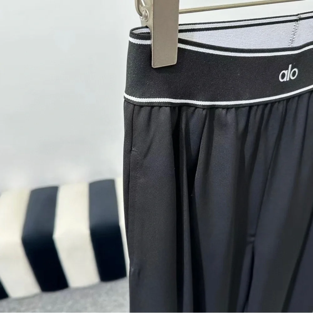 ALO Yoga Black Wide Leg High-Rise Pants with Logo Waistband